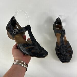Rieker Mirjam 50 Pumps Women 8.5 Black Snakeskin Leather Hook & Loop Block Heel